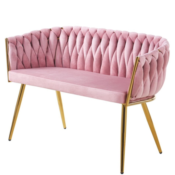 ELEGANCKA SOFA DO SALONU LUB GABINETU ROSE RÓŻOWY VELVET ZŁOTE METALOWE NOGI - PÓŁPROFIL